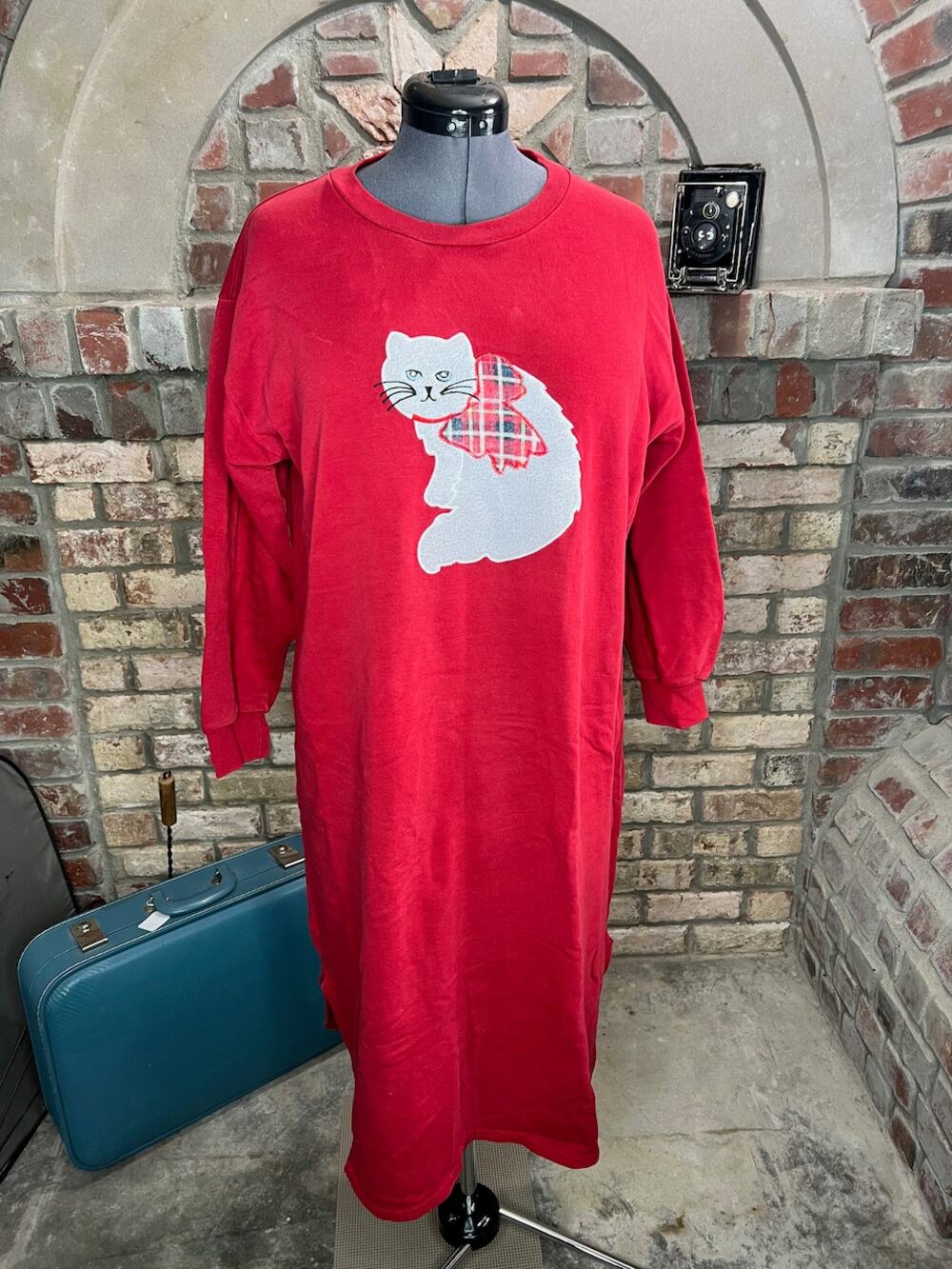 sweatshirt dress nightgown fuzzy cat plaid bow red white